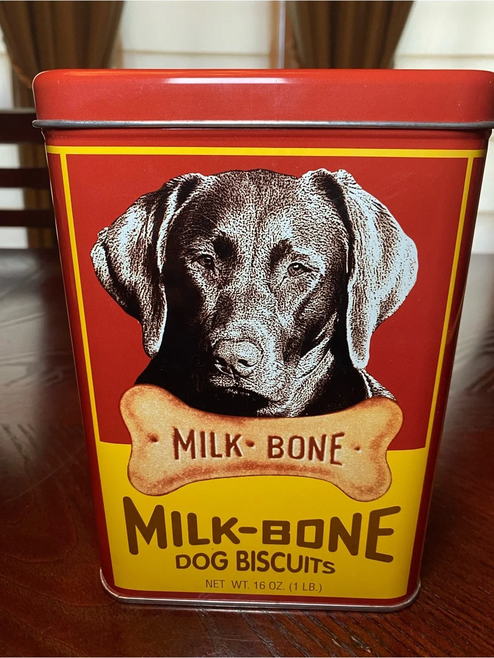 Vintage Red and Yellow Milk-Bone Dog Biscuits Tin Can 9x6x5
